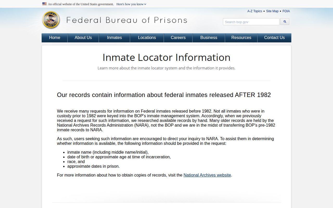 Federal BOP released-status guidance for Chickasaw County federal release checks