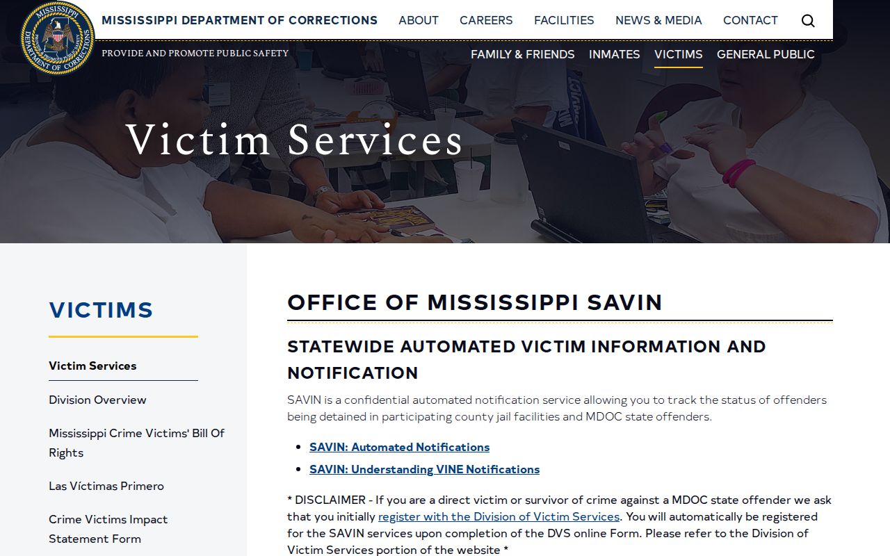 Chickasaw County VINELink release check and Mississippi SAVIN support page